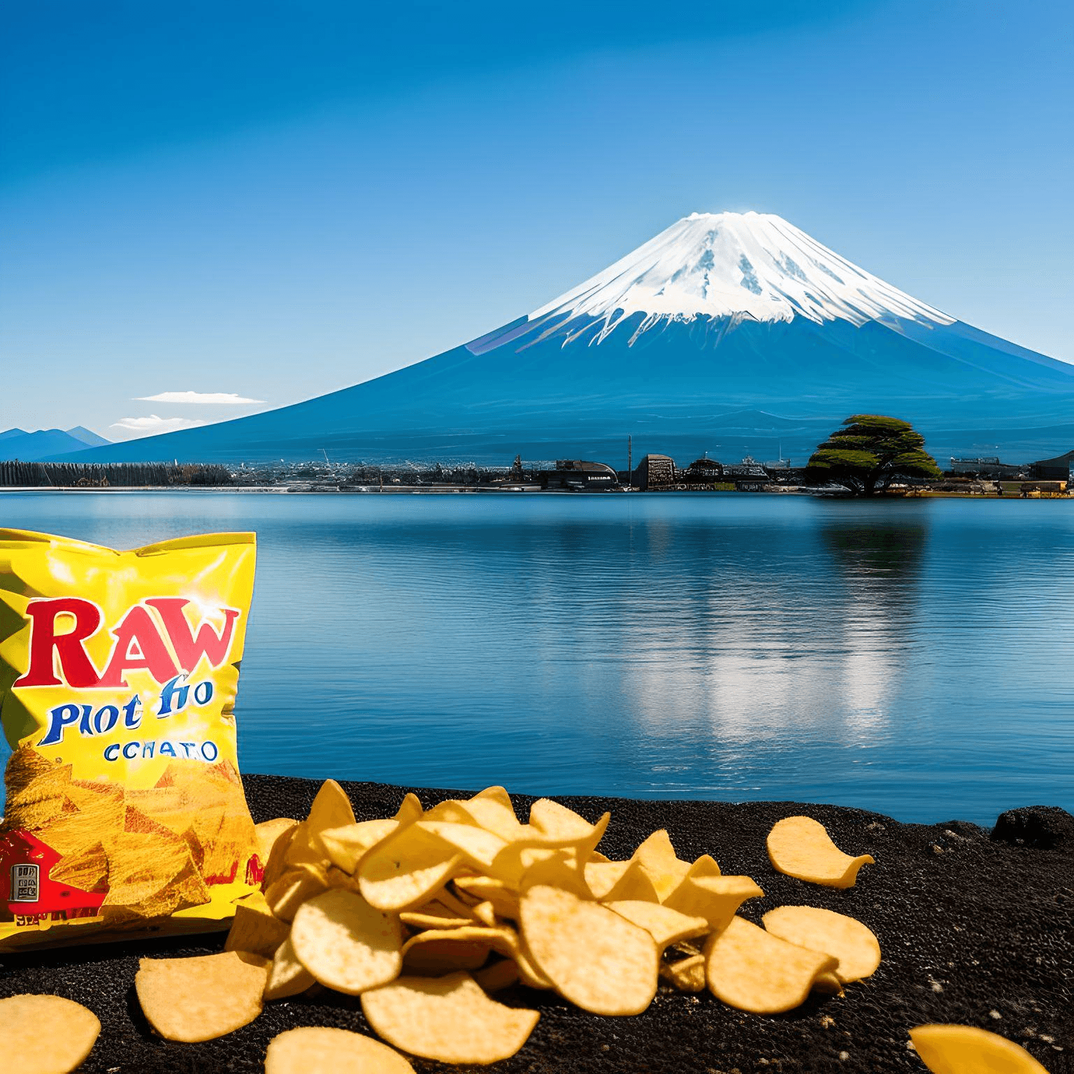 手前にポテトチップスの袋が写っていて背景に富士山が写っている画像。